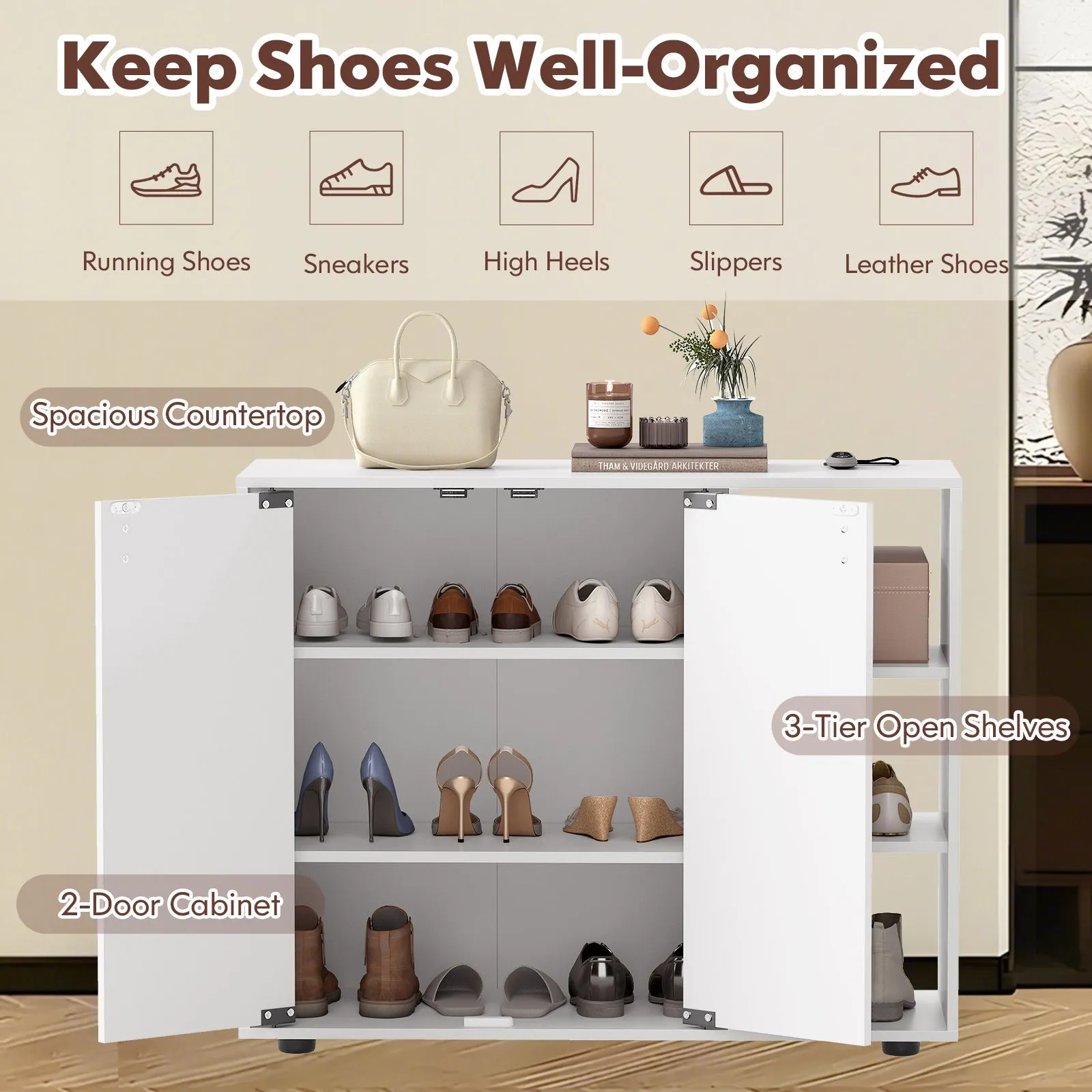 Costway 3-Tier Shoe Storage Rack Shoe Cabinet with Doors in White 6