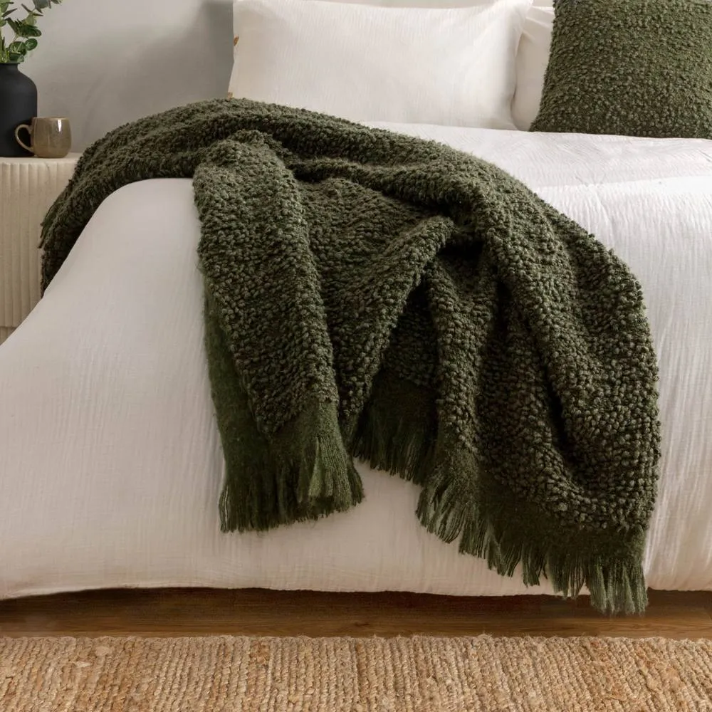 Yard Ulsmere Boucle Fringed Throw in Dark Green