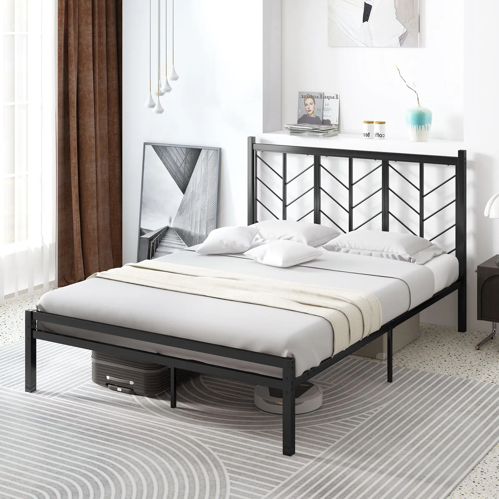 Costway Metal Platform Bed with Branch shaped Headboard Bed Frame King Size in Black 3