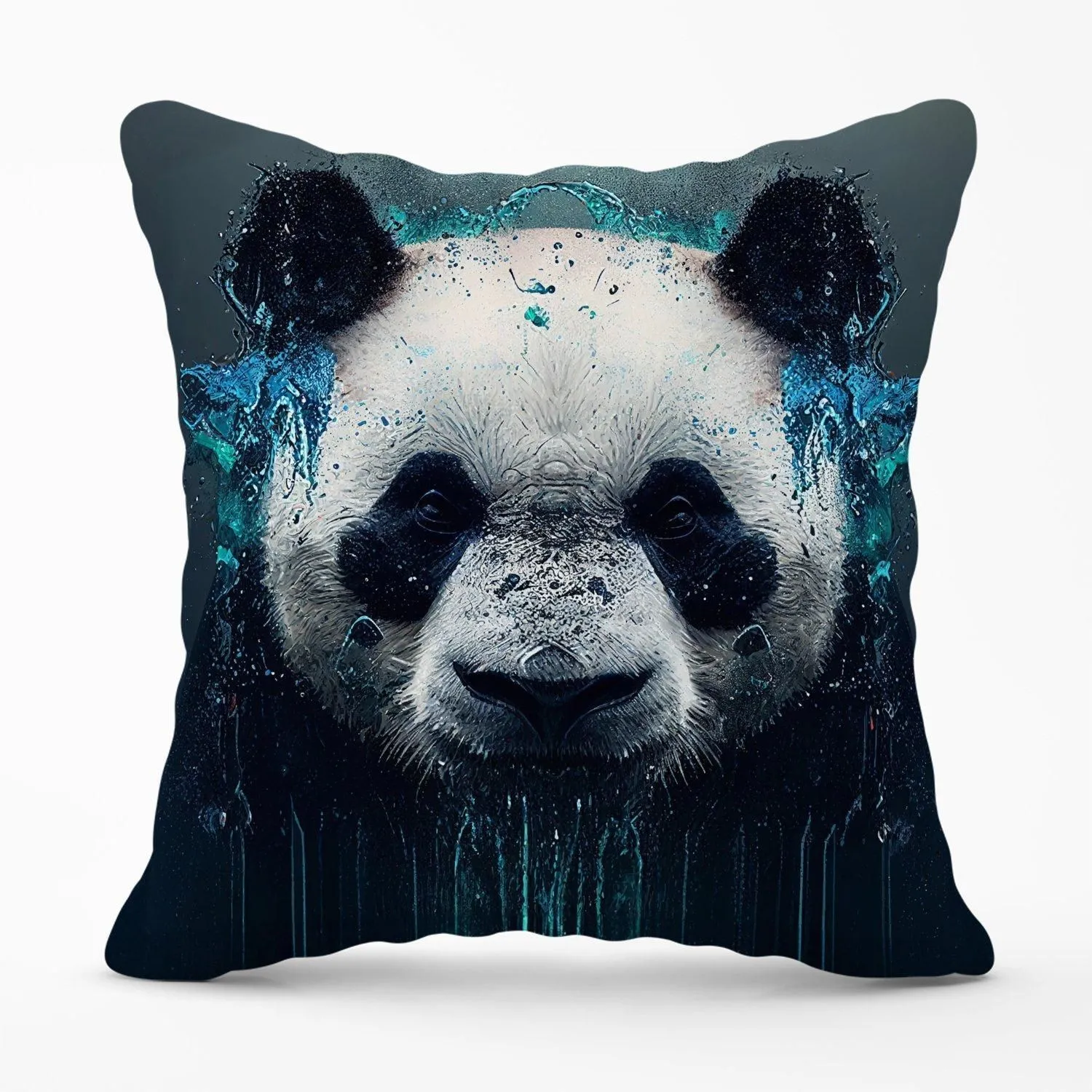 Warren Reed - Designer Panda Face Splashart Dark Background Outdoor Cushion in Blue