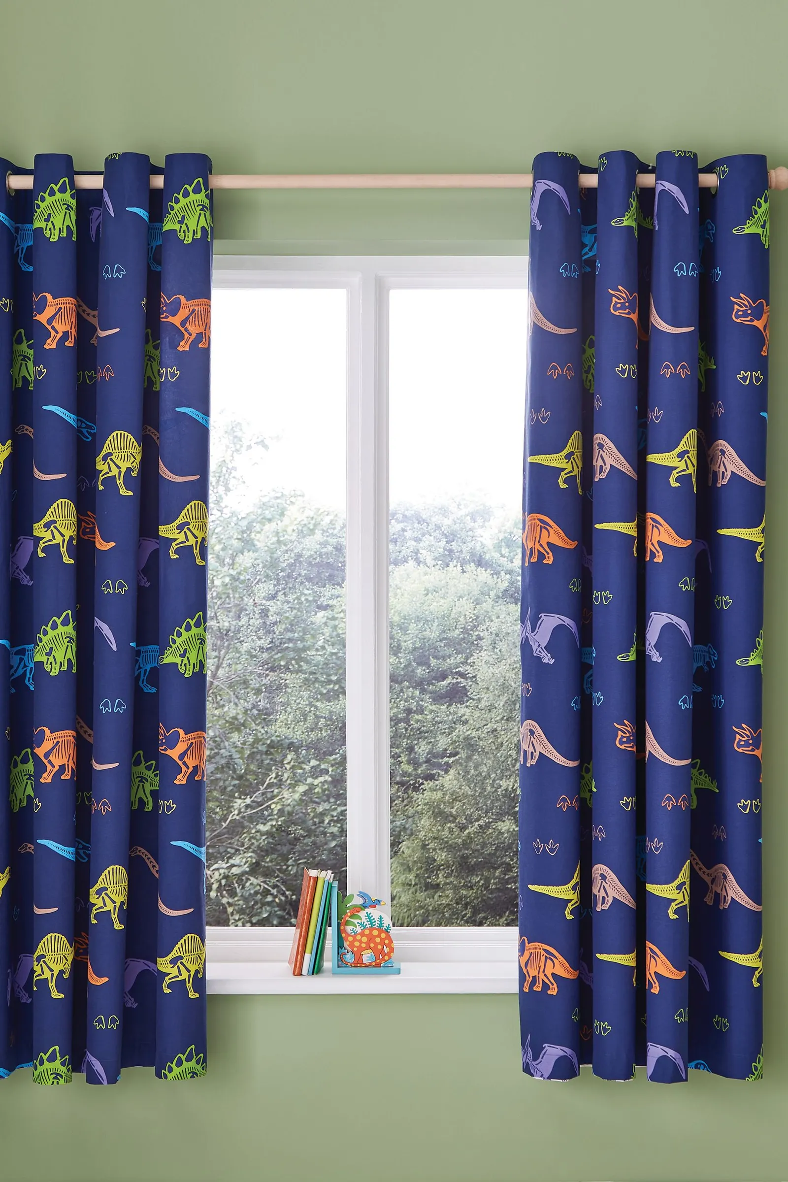 Catherine Lansfield 'Prehistoric Dinosaur' Reversible Lined Eyelet Curtains in Natural 2