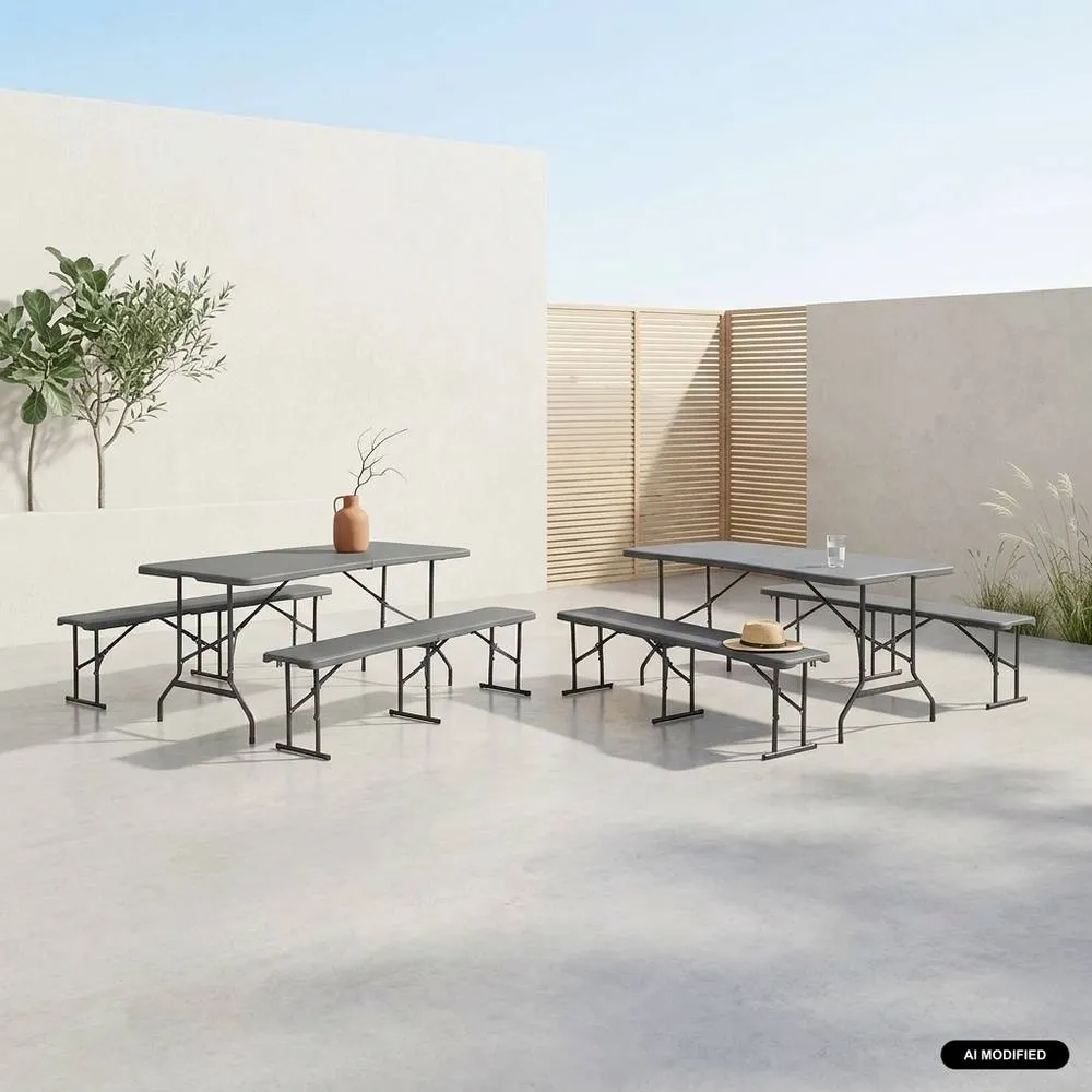 sweeek Folding steel reception table with 2 benches (set of 2) in Dark Grey