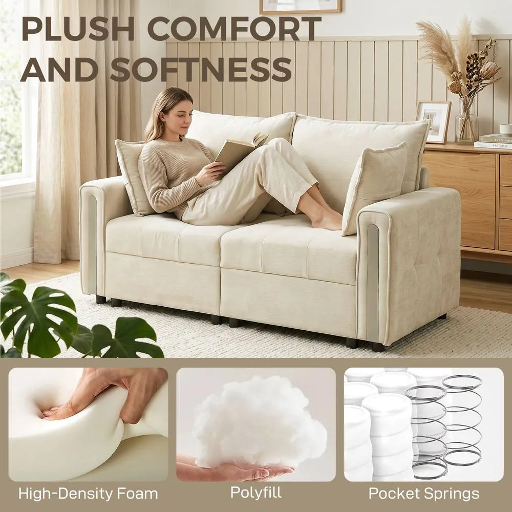 HOMCOM 2 Seater Sofa with Lift-Up Storage, 168 cm Velvet Couch, Beige 4