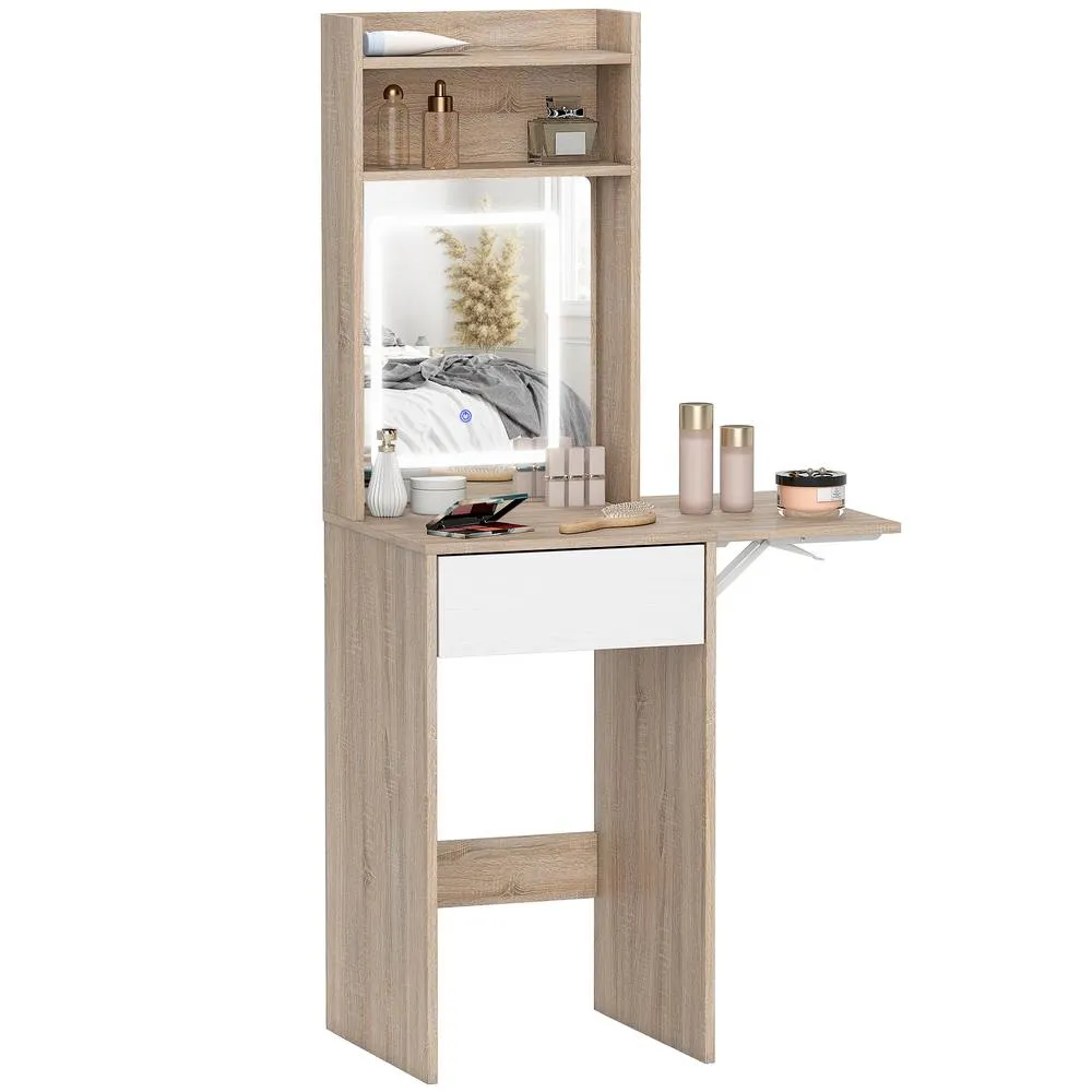 HOMCOM Compact Dressing Table with Lighted Mirror Open Shelves Drawer in Natural 2