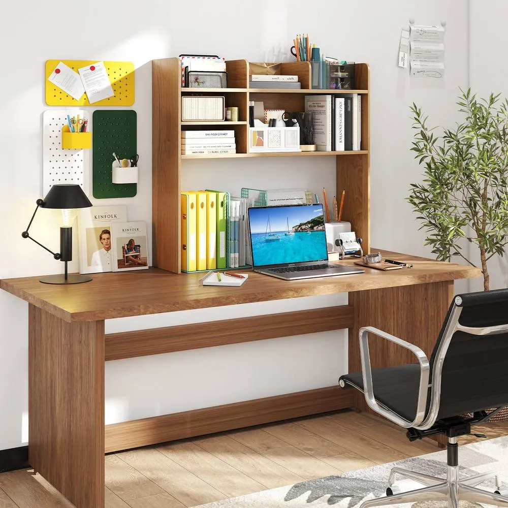 Costway Desktop Bookshelf Desk Hutch Shelf for Computer Monitor in Natural 5