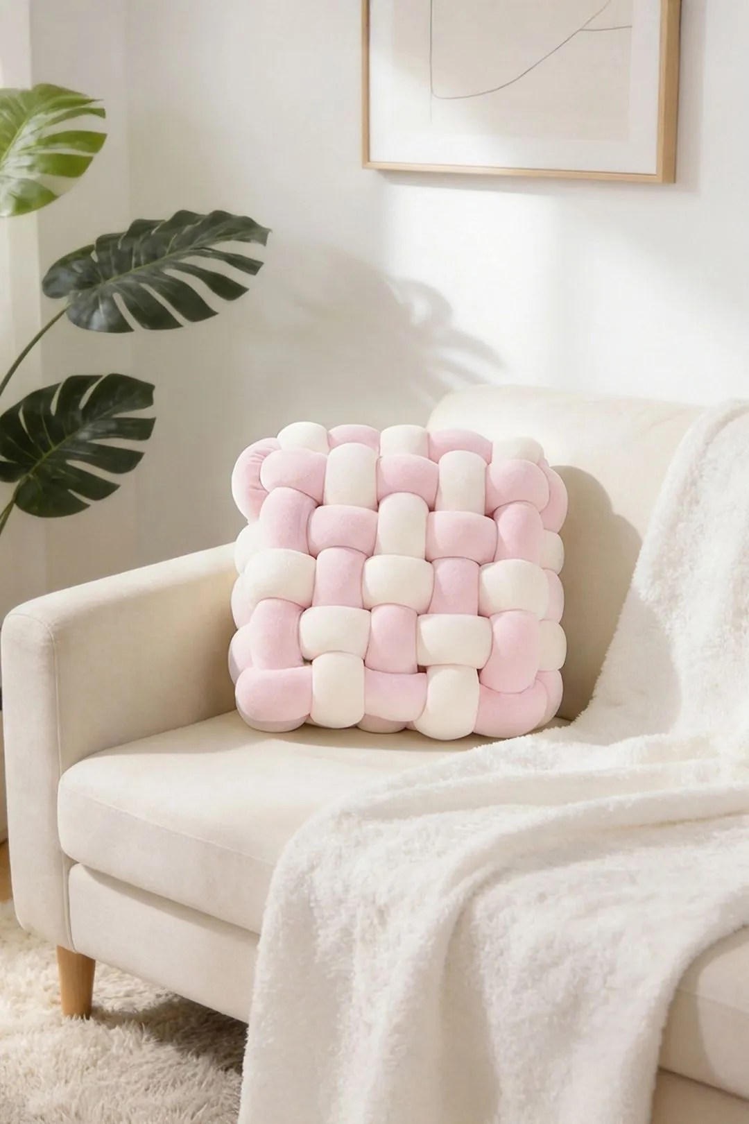 Living and Home Plush Woven Cube Cushion for Sofa & Bedroom in Pink