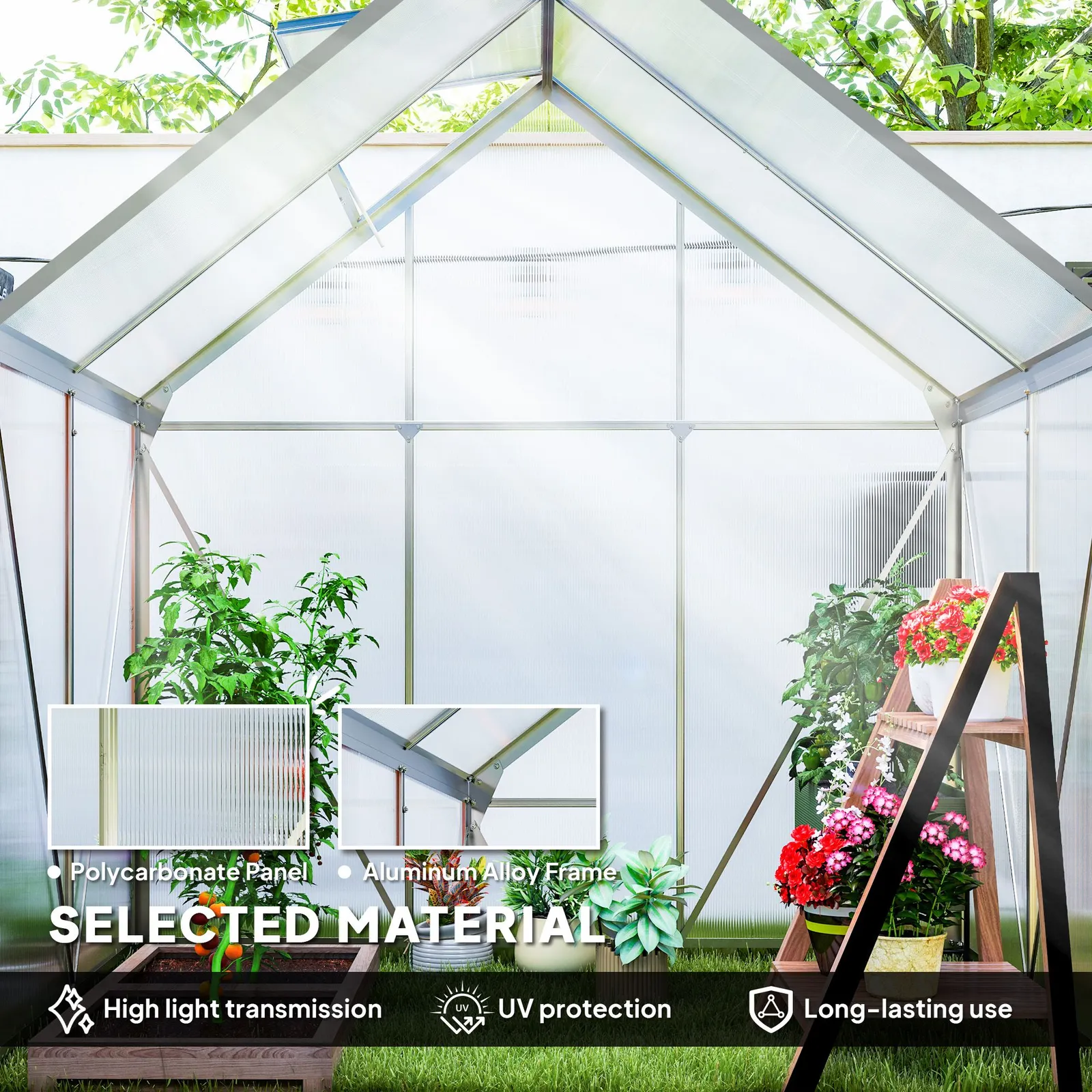 OUTSUNNY Polycarbonate Walk-in Garden Greenhouse w/ Sliding Door Silver Tone 4