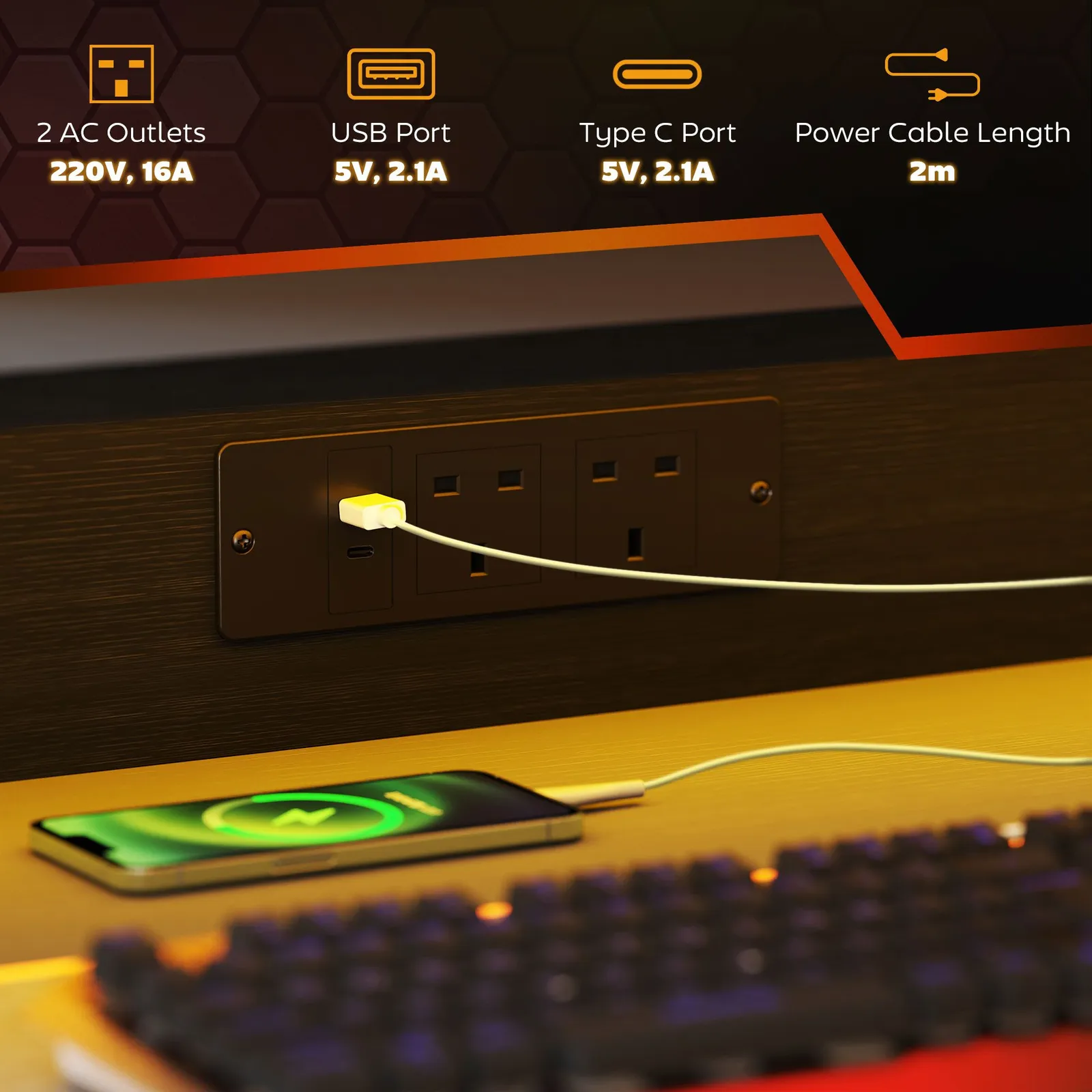 HOMCOM LED Gaming Desk with Power Outlets & Monitor Stand 100 x 60cm Black 5