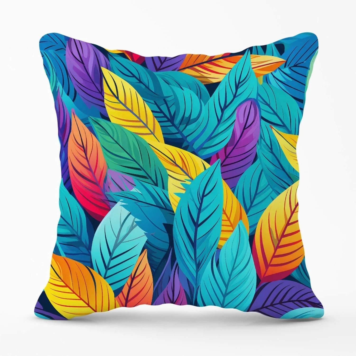 Warren Reed - Designer Bright Colourful Leaves Outdoor Cushion in Blue