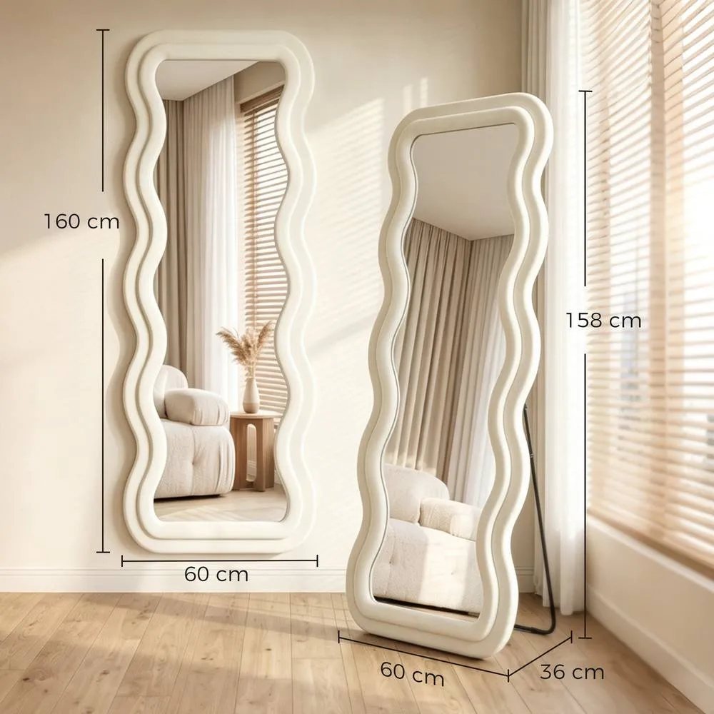 HOMCOM Full Length Mirror, 160 x 60 cm Velvet Wall Standing Mirror, Cream 3