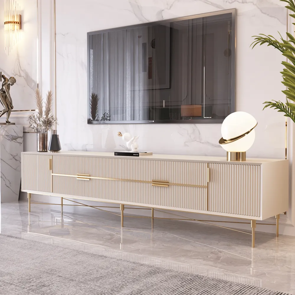 Modern Off White TV Stand for 2159mm TVs with 4 Drawers & Doors MDF
