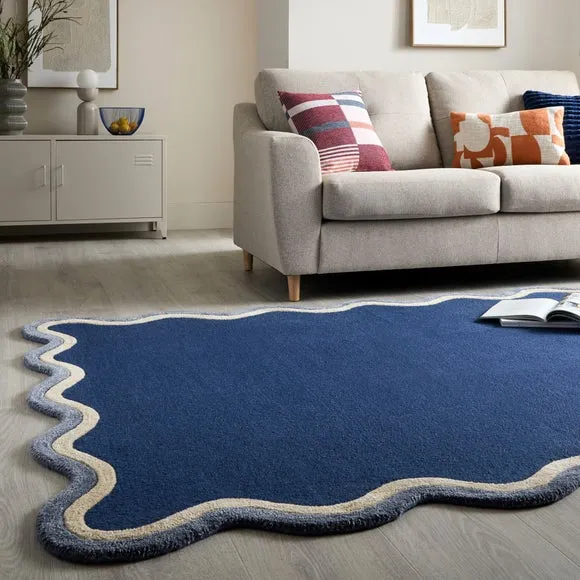 Azure Wave Border Wool Rug 1