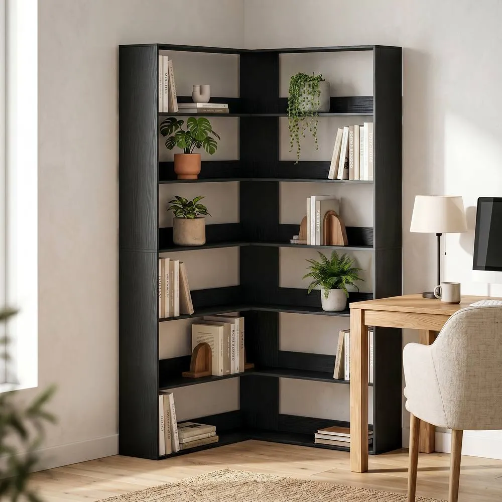 HOMCOM 7 Tiers Corner Bookshelf, L-Shaped, Black Wood Effect
