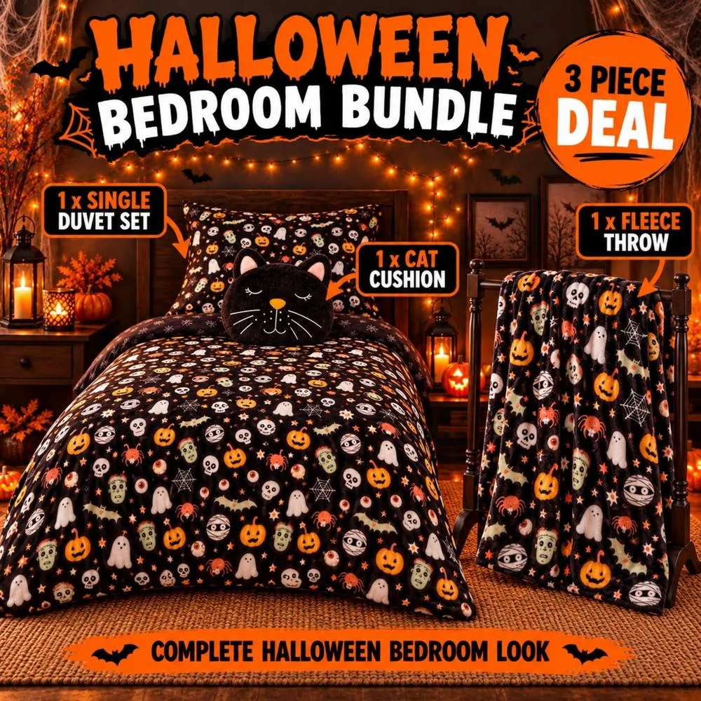 Smart Living 3 Piece Halloween Bedding Bundle Single Duvet Throw Cat Cushion in Black 2