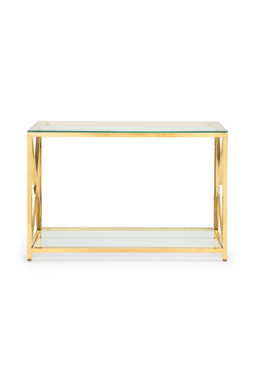 Julian Bowen Miami Glass Top Cross Frame Console Table with Shelf in Gold 3