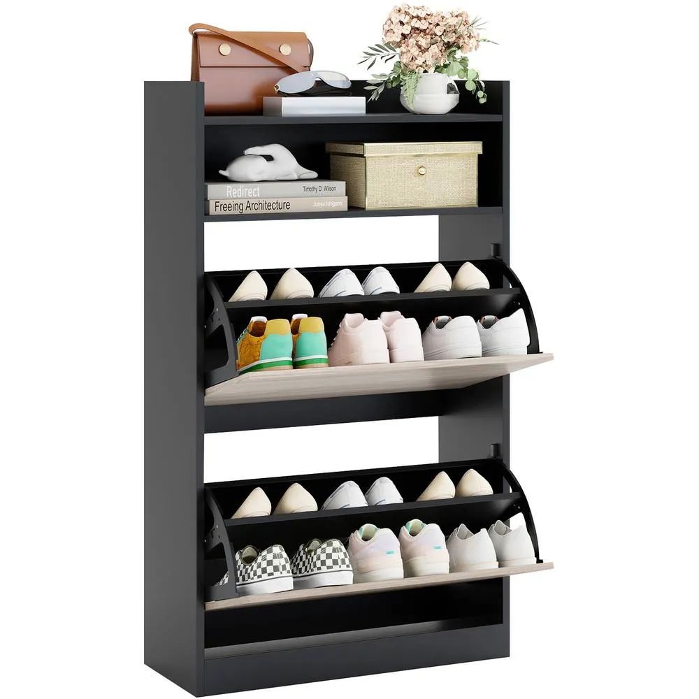Costway Slim Hidden Narrow Shoe Organizer Cabinet with Open Storage-Black in Black 4
