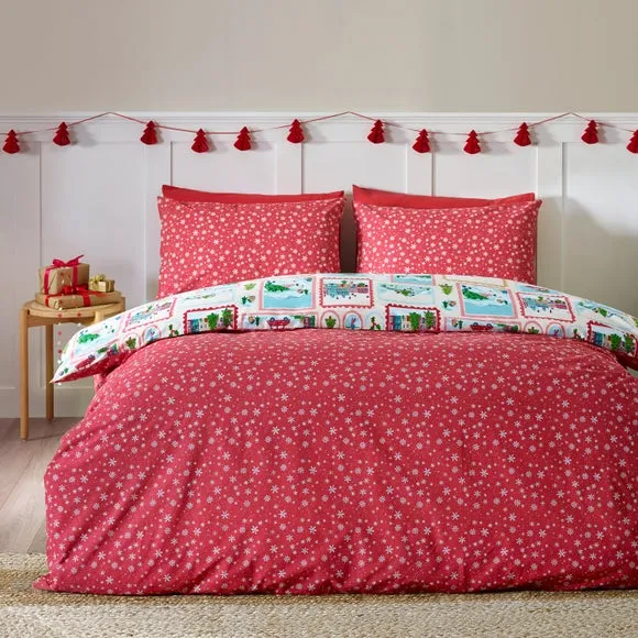 Catherine Lansfield Christmas Town Stamps Polycotton Duvet Cover & Pillowcase Set 2