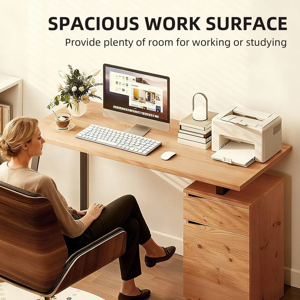 HOMCOM Computer Desk, Writing Table with Cabinet & Drawer, Natural 4