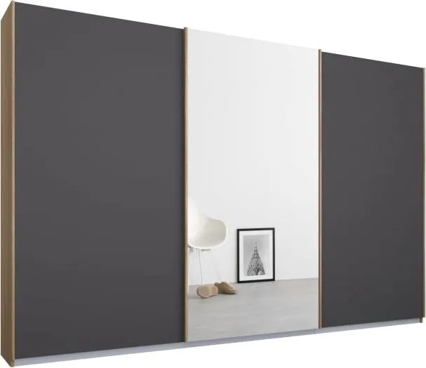 Malix 3 door 270cm Sliding Wardrobe, Oak frame,Matt Graphite Grey & Mirror doors , Premium Interior