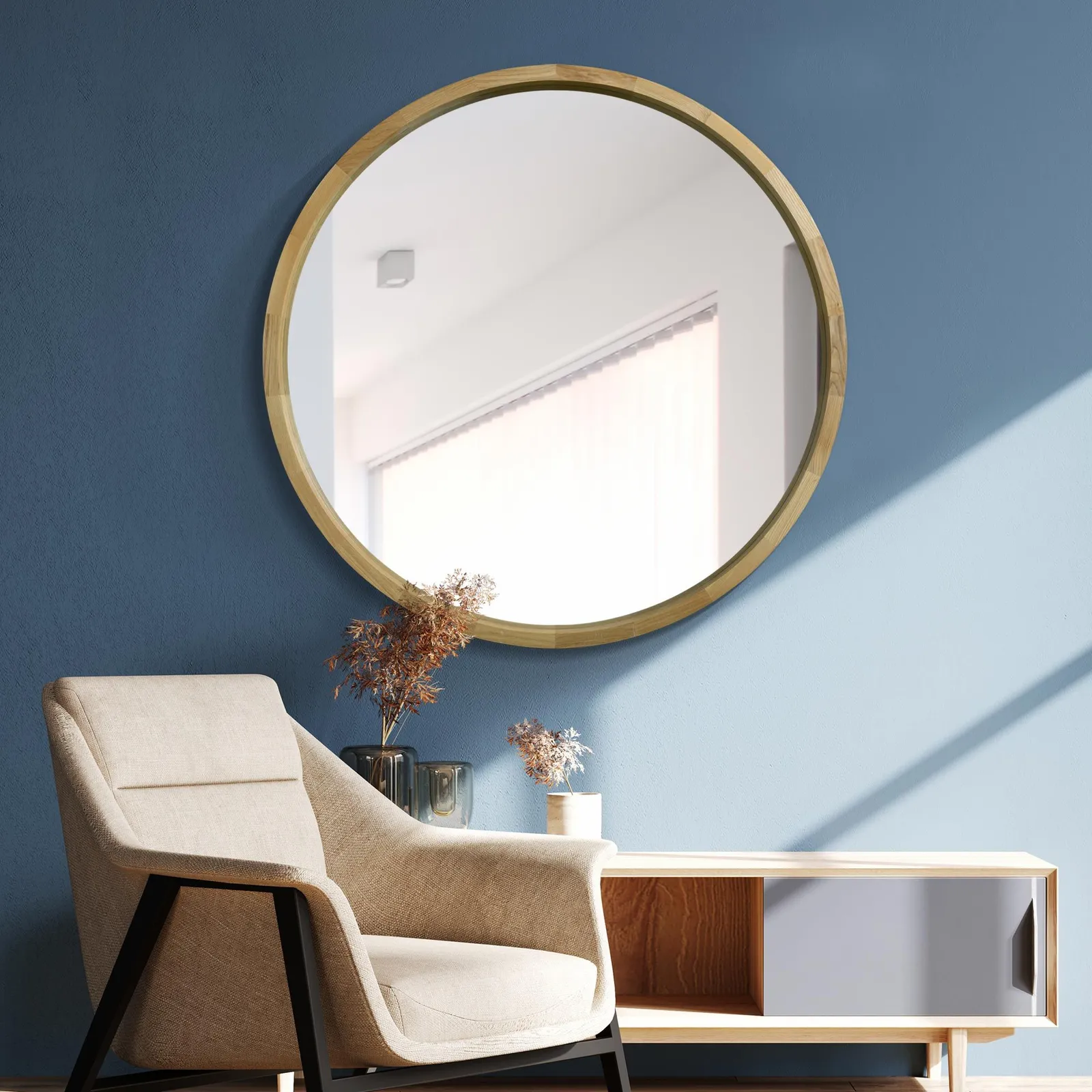 MirrorOutlet Solid Oak Round Deep Dish Framed Mirror 39" X 39" (100CM X 100CM) in Beige 2