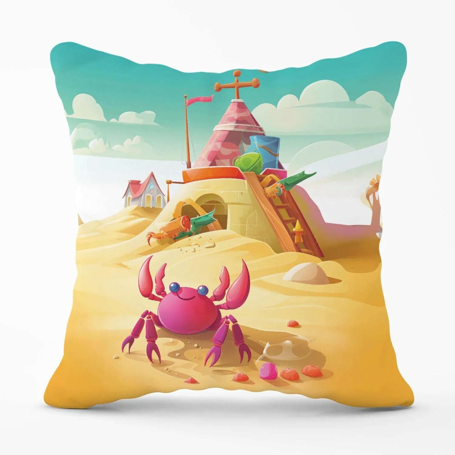 Warren Reed - Designer Pink Crab On A Beach Holiday Outdoor Cushion in Yellow