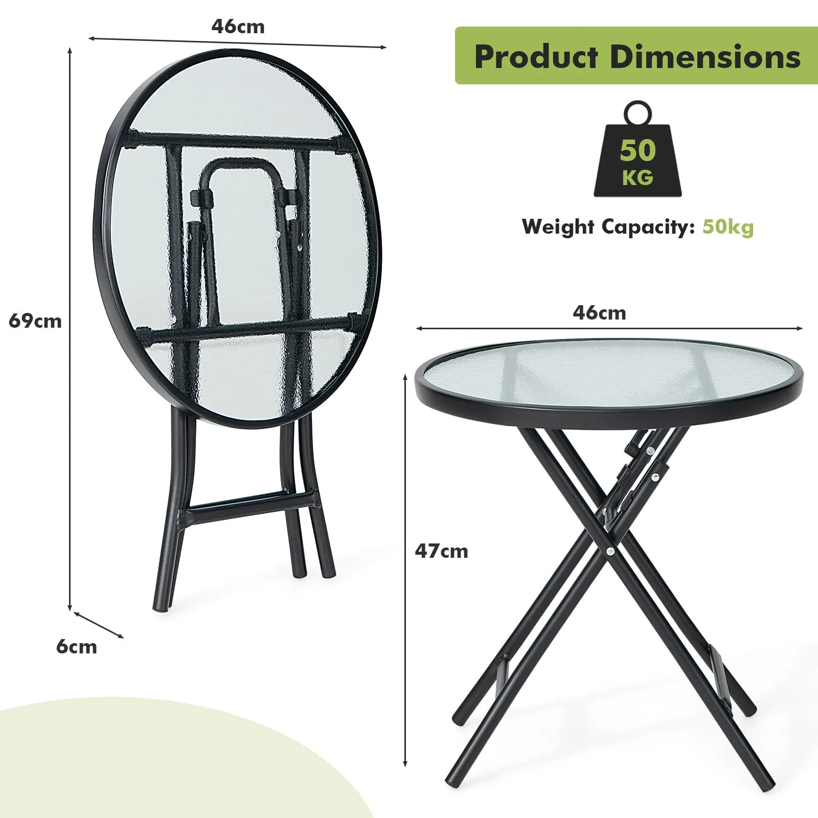 Costway Patio Folding Glass Side Table 46 cm Portable Round Bistro Coffee Table in Black 3