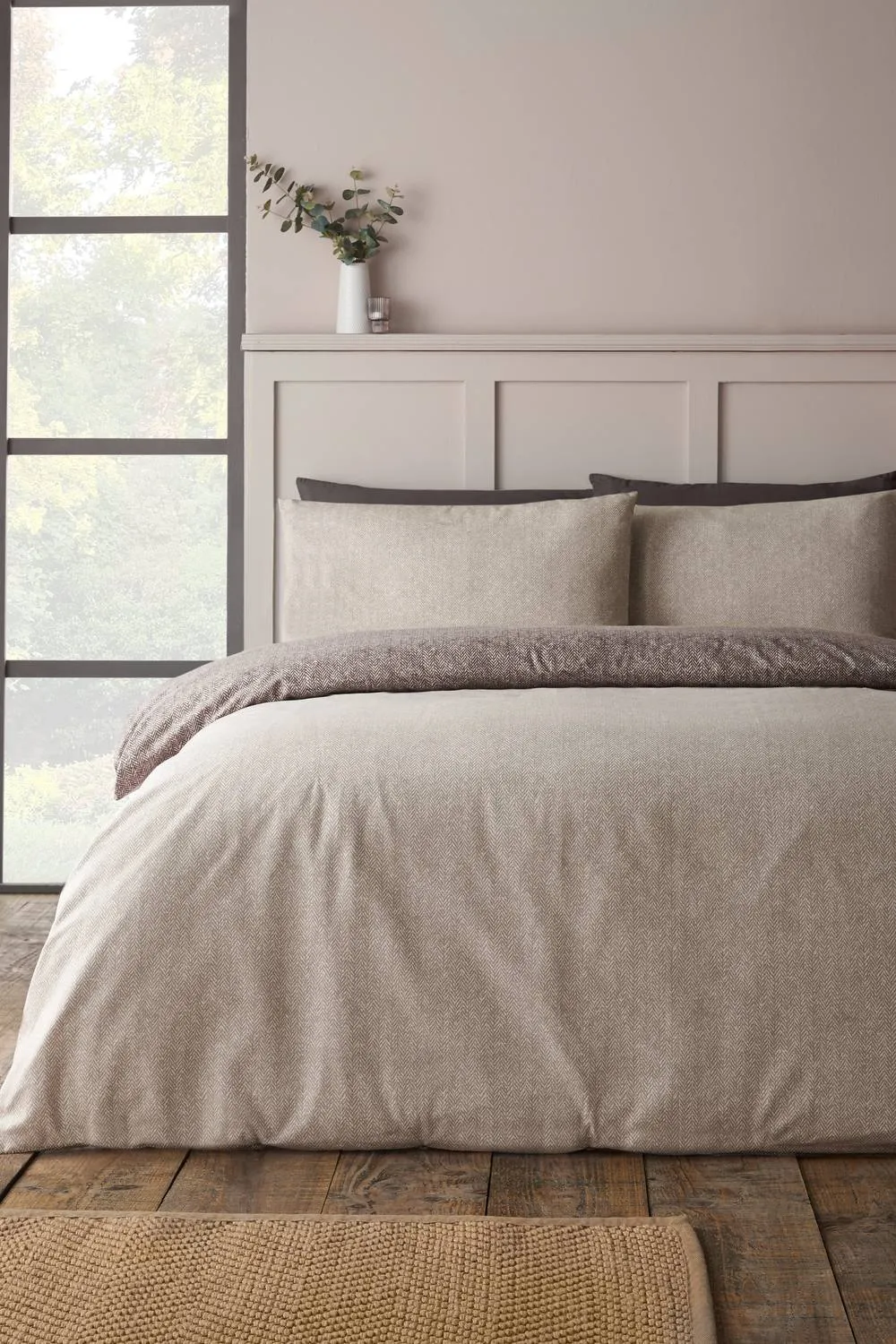 Catherine Lansfield Brushed Herringbone Cotton Reversible Duvet Cover Set in Chocolate 2