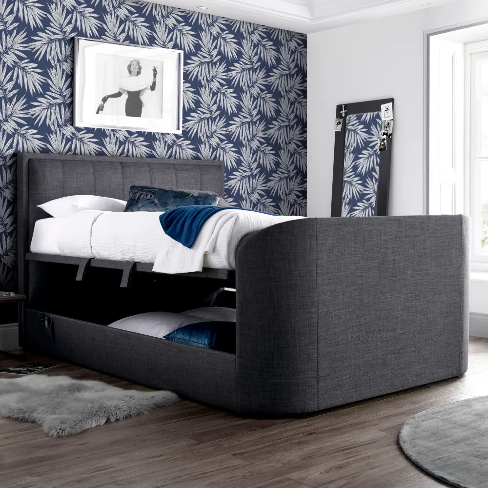 Griffin Slate Grey Fabric Ottoman Media Electric TV Bed - 5ft King Size