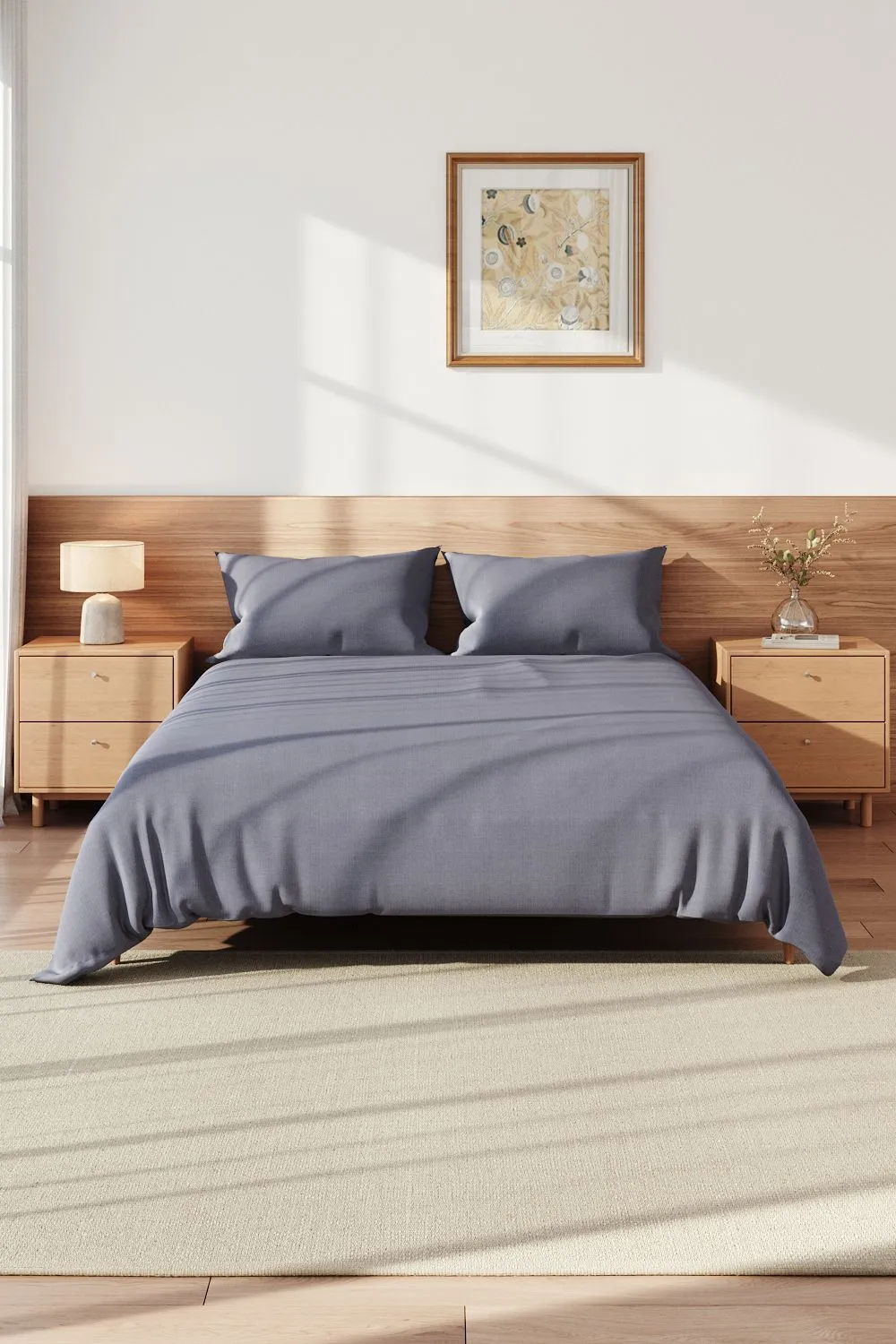 Living and Home Double Duvet Cover and Flat Sheet Set with 2 Pillowcases Solid Color Soft Brushed Fibe Four-Piece Set in Grey