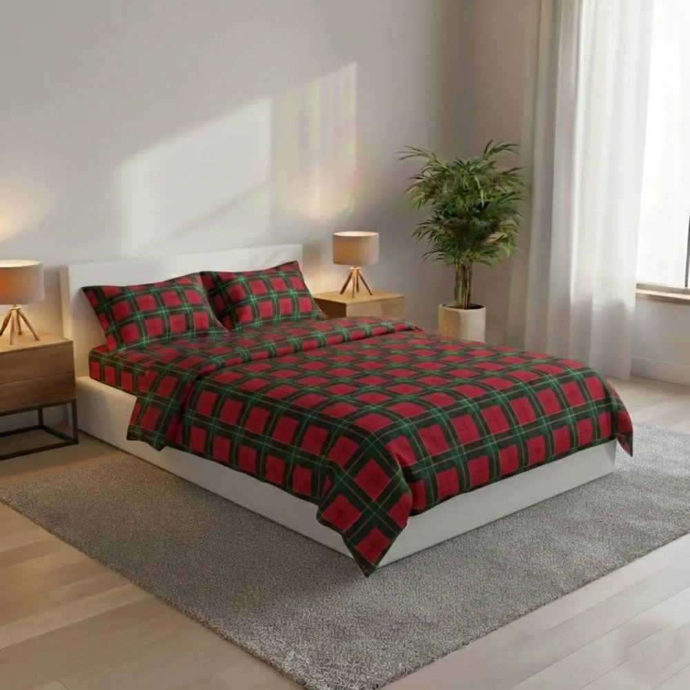 Snug City Thermal Flannelette Tartan Duvet Cover Set Warm Brushed Cotton Bedding in Red