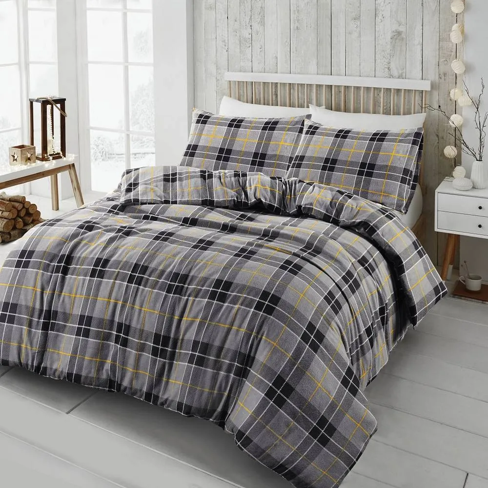 Homes-Linen 100% Brushed Cotton Tartan Flannelette Duvet Cover Set in Grey