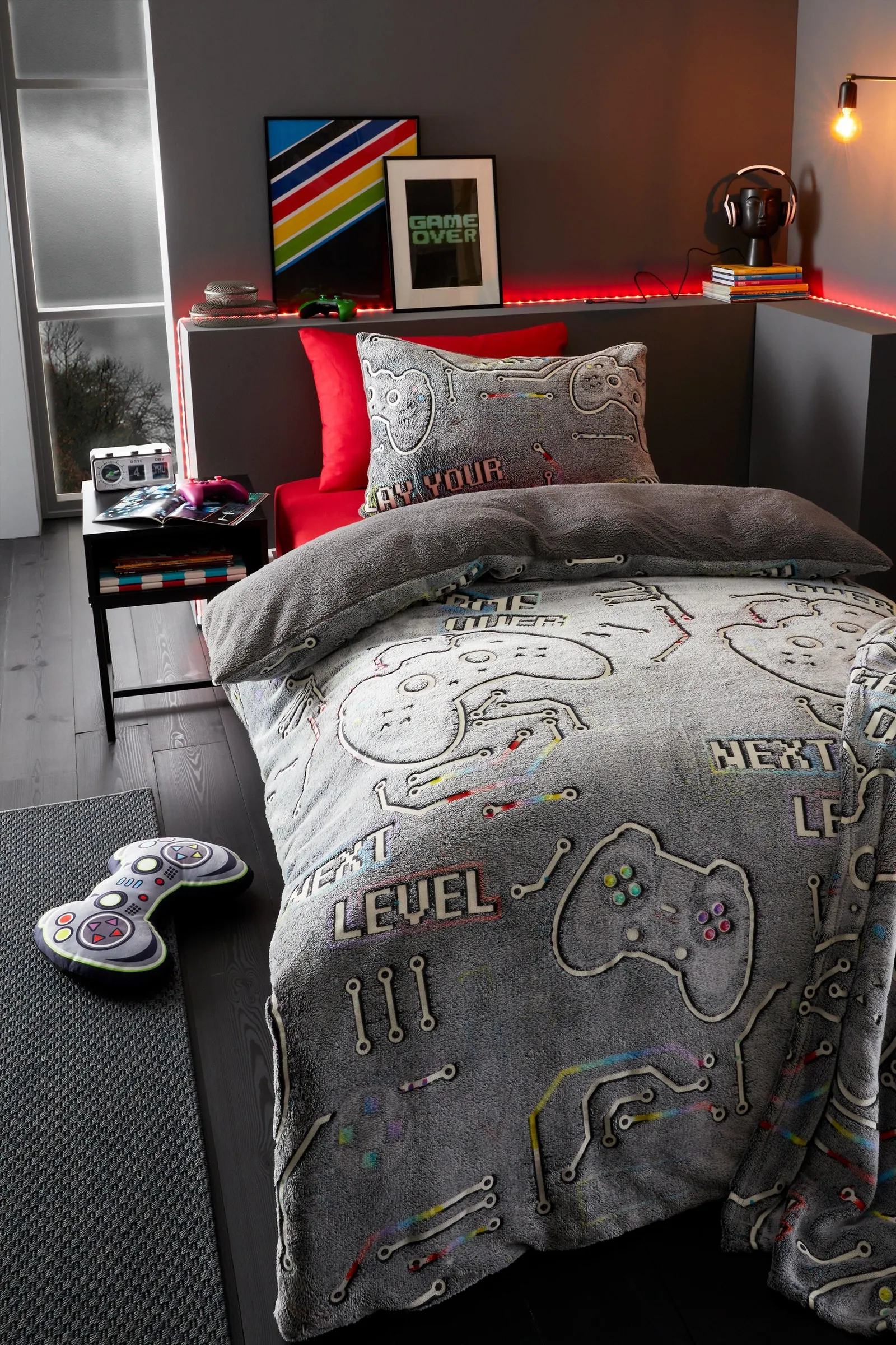 Catherine Lansfield 'Game Over' Glow in the Dark Fleece 3D Shaped Cushion in Black 3