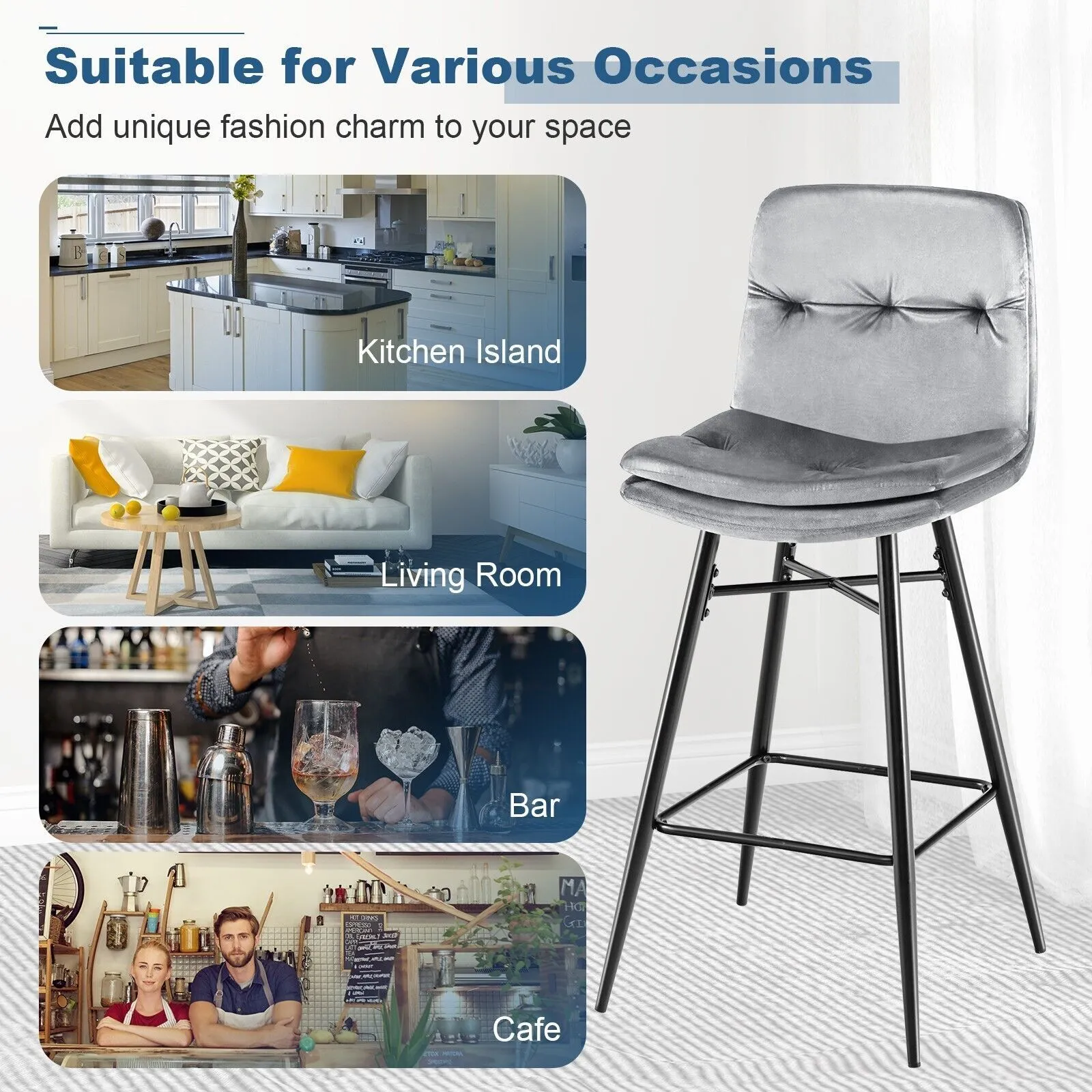 Costway Set of 2 Bar Stools Velvet Counter Height Chair Upholstered High Dining Chairs in Grey 4
