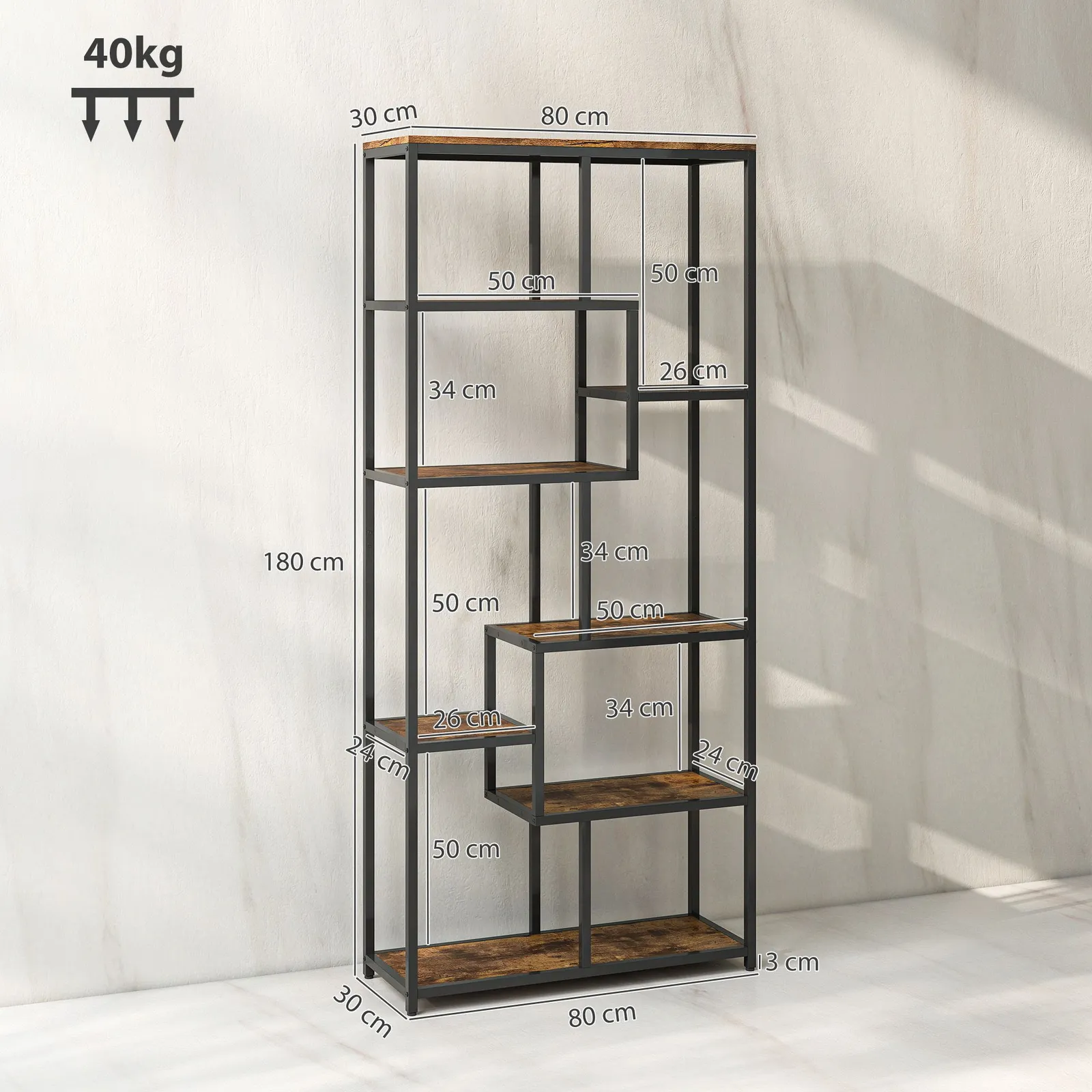 HOMCOM Industrial Bookcase 7-Tier Bookshelf Shelving Unit Rustic Brown Black 3