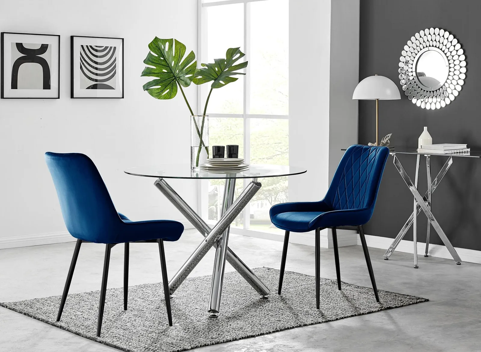 FurnitureboxUK Selina Round Glass Chrome Leg Dining Table & Pesaro Black Leg Chairs in Navy 1