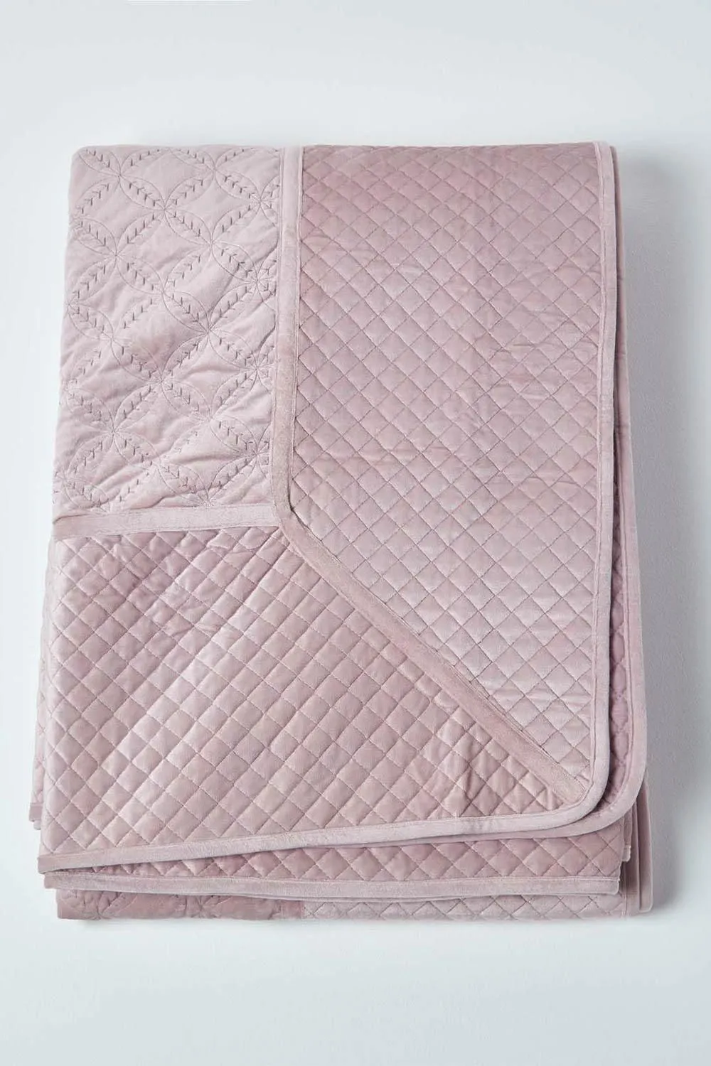 Homescapes Luxury Quilted Velvet Bedspread Geometric Pattern Throw in Pink 2