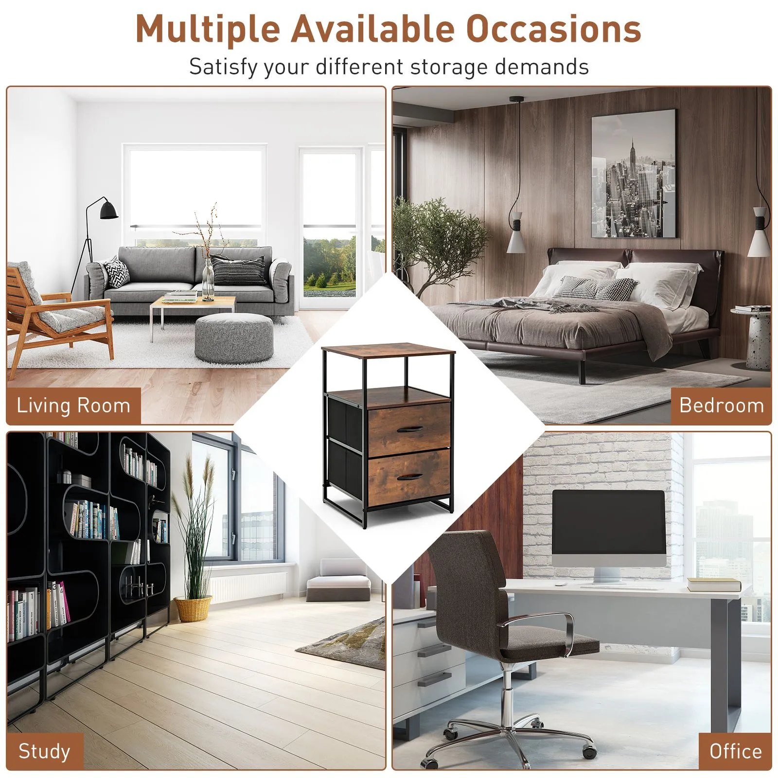 Costway Industrial 2-Drawer Storage Cabinet Dresser Organizer Removable Fabric Drawers in Brown 6