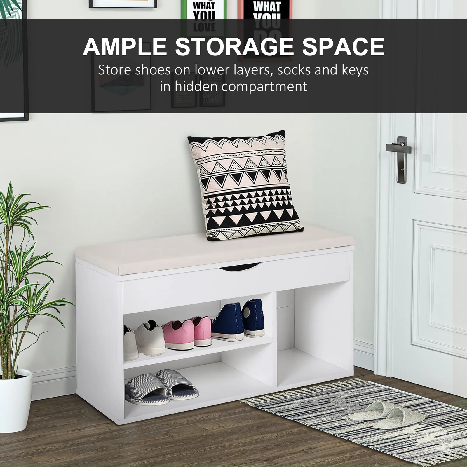 HOMCOM Wooden Shoes Cabinet Bench Hidden Storage Padded Seat in White 5