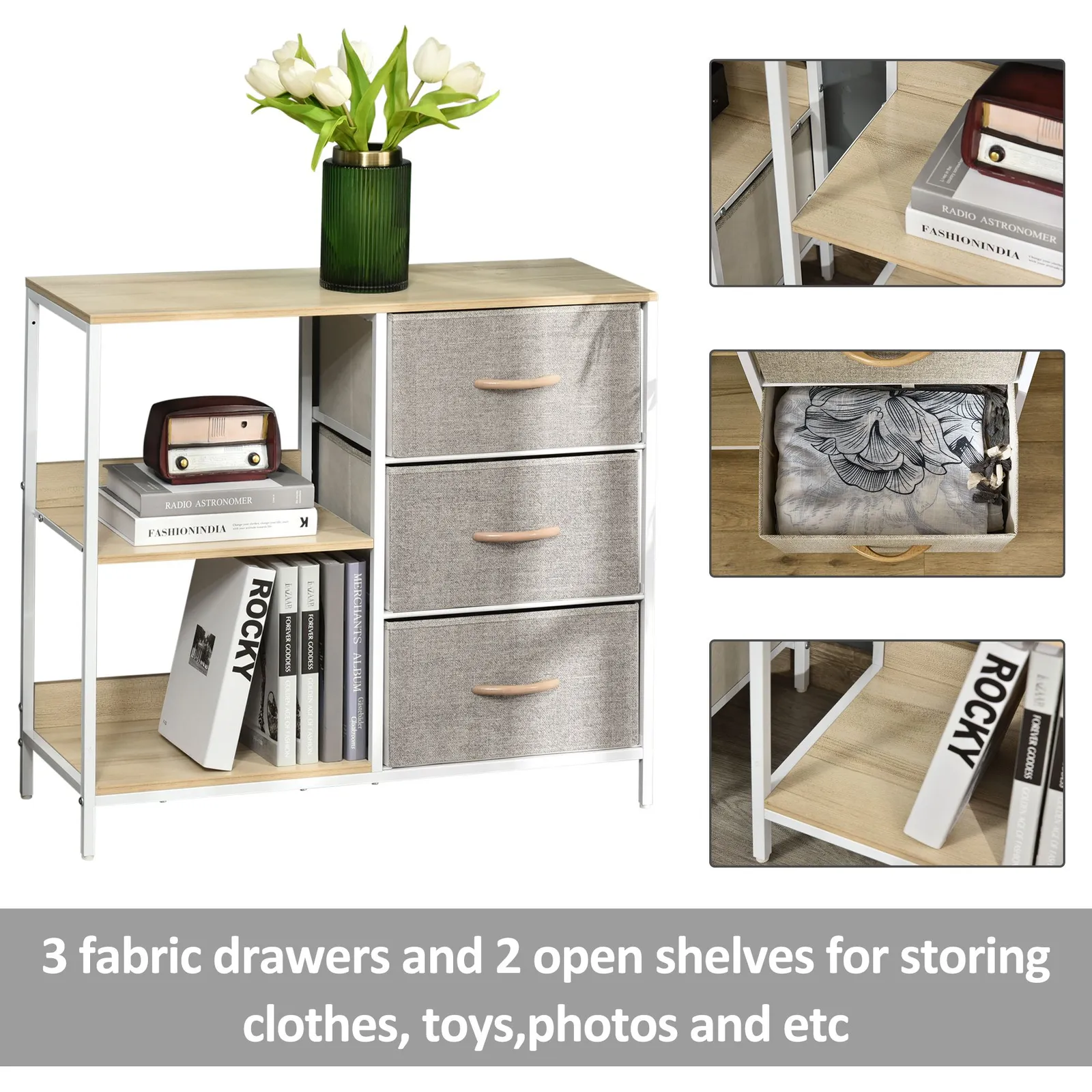 HOMCOM Cabinet Organizer 3 Drawer Chest Dresser Tower w/ 2 Shelves for Bedroom in Beige 4