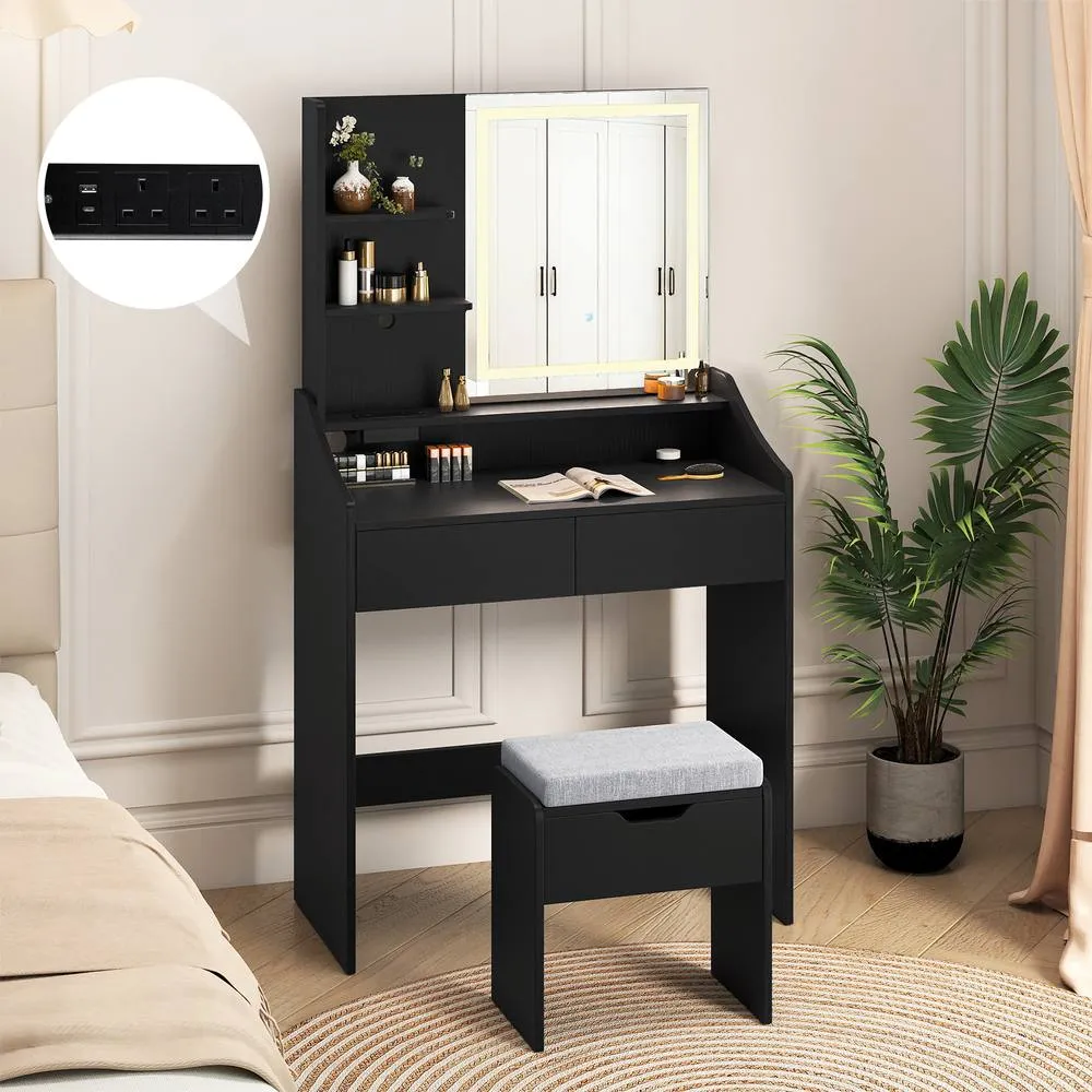 Costway Wooden Vanity Desk Set w/ Mirror & Lights Makeup Table w/Storage Stool in Black 5