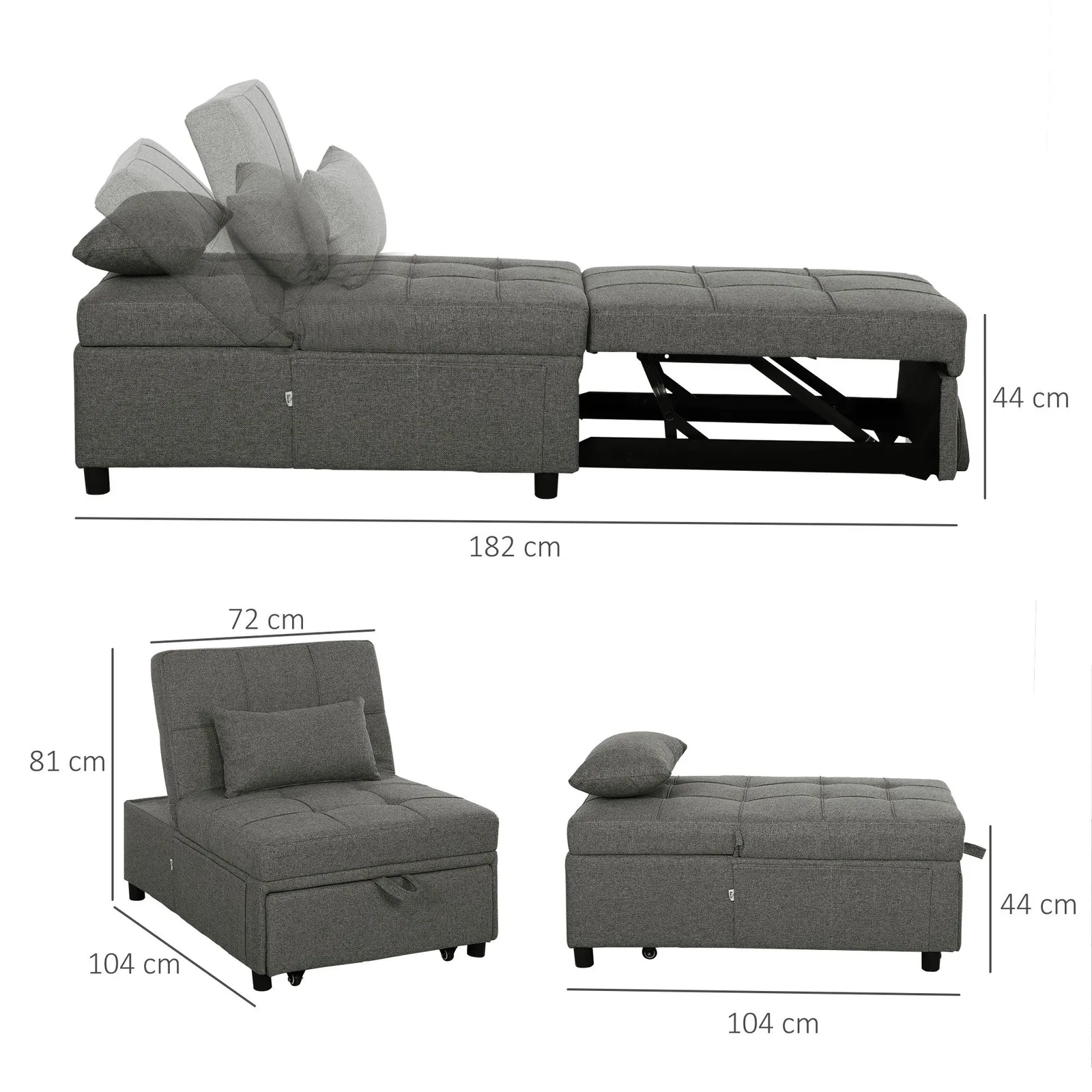 HOMCOM 4-in-1 Pull Out Sleeper Chair Bed with Pockets in Dark Grey 3