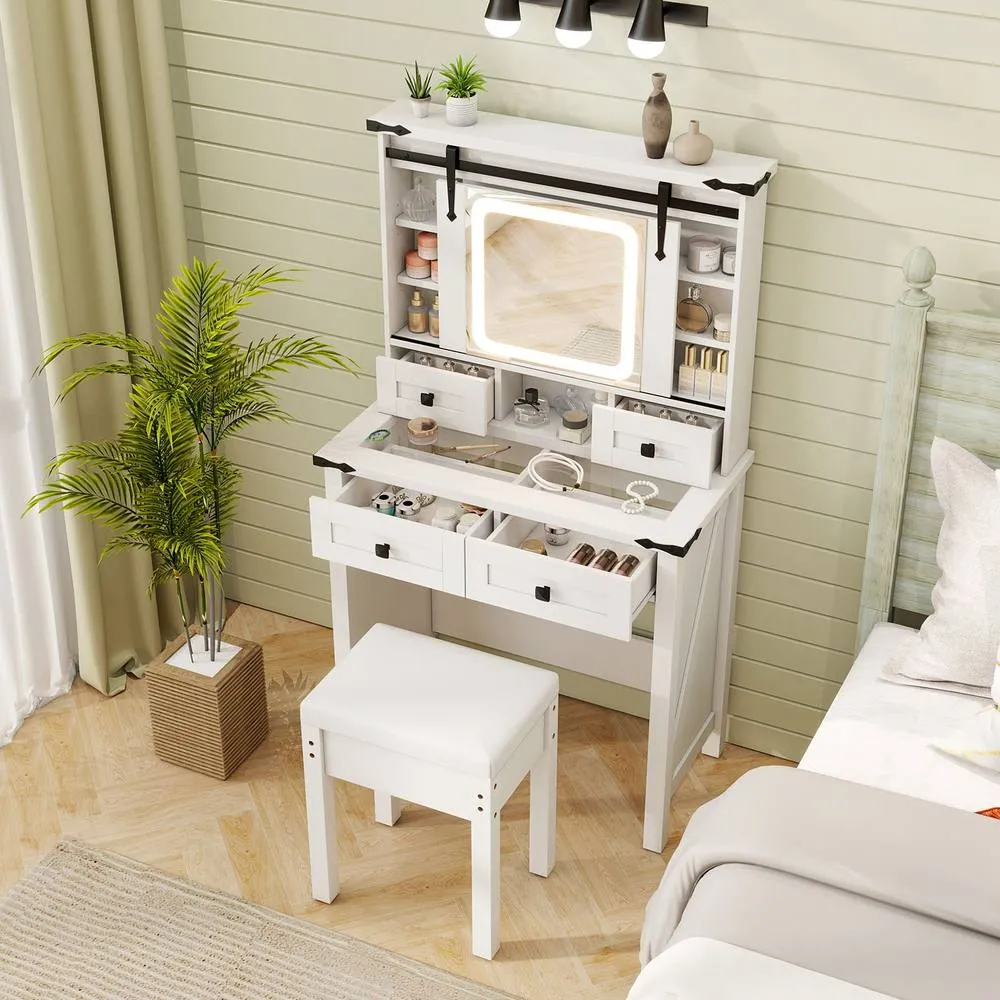 Costway Makeup Vanity Desk Set Wooden Dressing Table & Stool w/Mirror & Lights in White