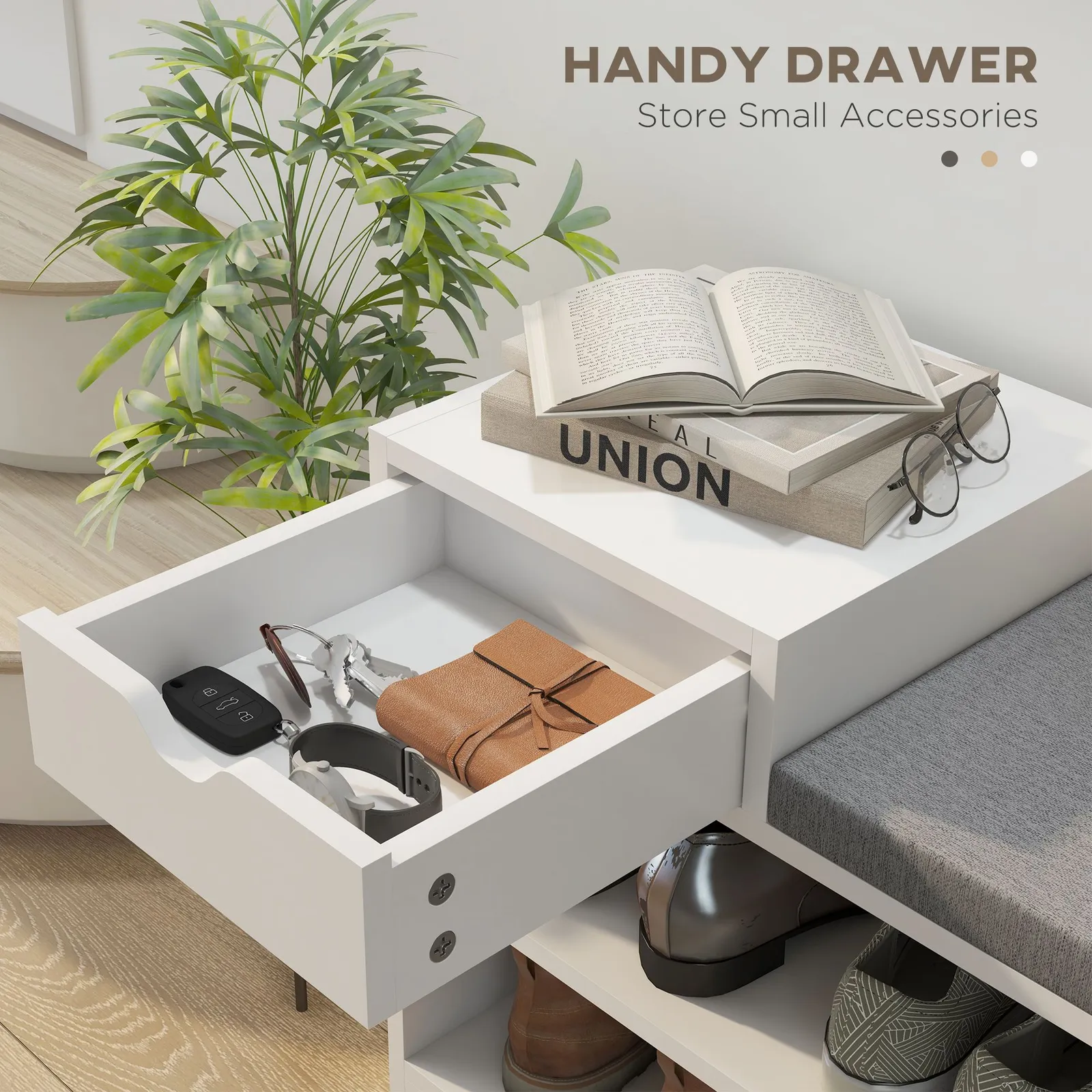 HOMCOM Upholstered Entryway Shoe Bench with Storage Drawer Open Shelf in White 6
