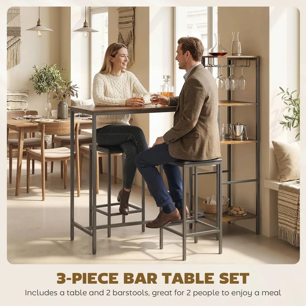 HOMCOM 3Pcs Breakfast Bar Table & Stools Set 4-tier shelving in Brown 4