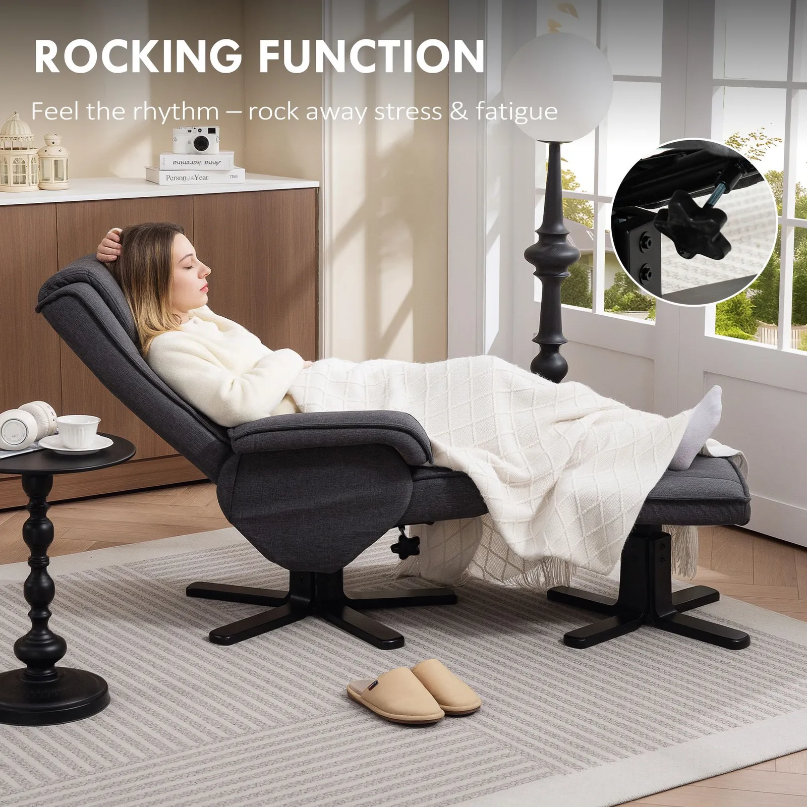 HOMCOM Swivel Recliner Chair with Footstool, Linen Upholstered in Charcoal 6