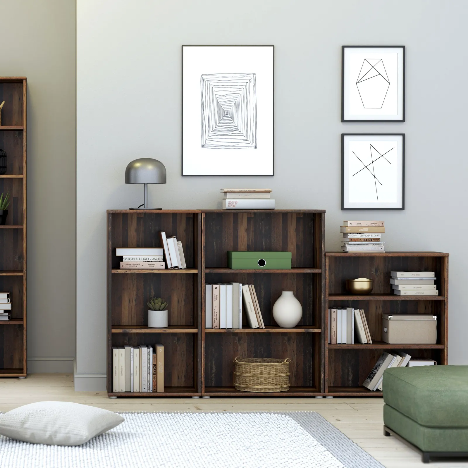 Furniture To Go Essential Tall Wide 2 Shelf Bookcase in Vintage Oak in Dark Brown 3