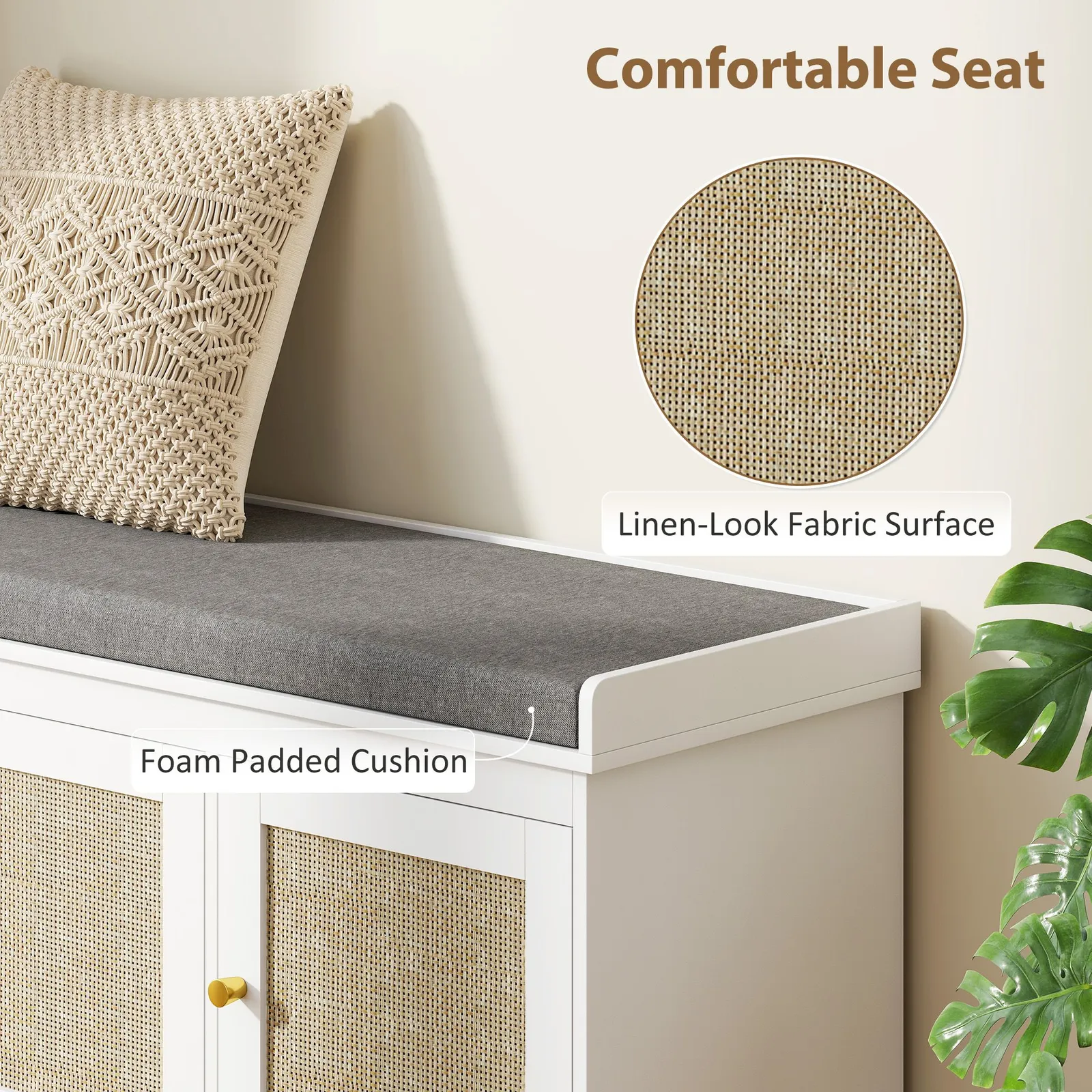 HOMCOM Shoe Storage Bench with Rattan Doors, Cushion, Entryway Shoe Bench in White 5