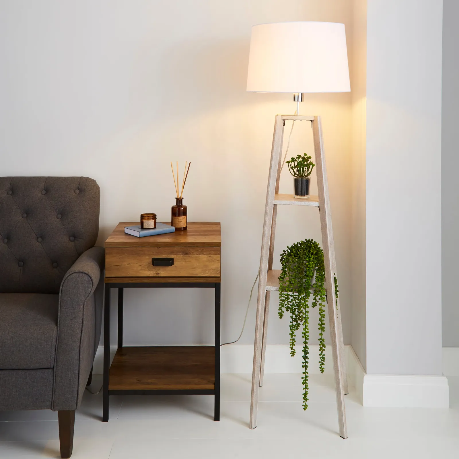 Beaumont Plant Stand Natural Wood Floor Lamp Grey