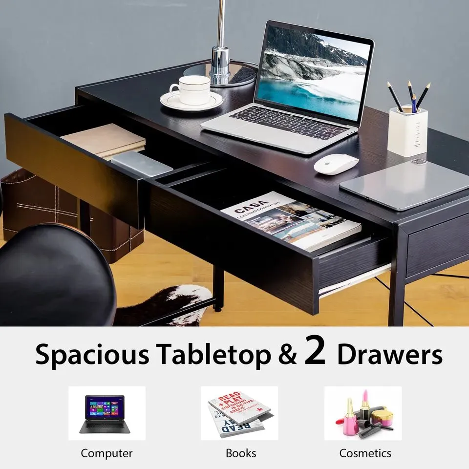 Costway Computer Desk Wooden PC Laptop Table Writing Workstation with 2 Drawers in Black 5