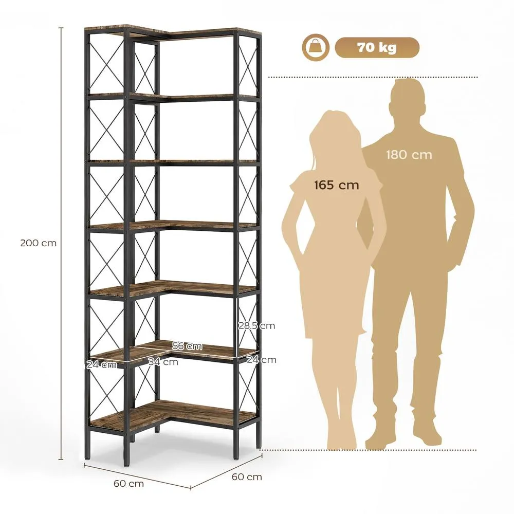 HOMCOM L-Shaped Bookshelf, 6-Tier Bookcase with Metal Frame, Rustic Brown 3